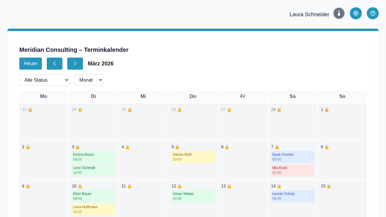 Produktscreenshot: Monatskalenderansicht mit farbcodierten Terminen
