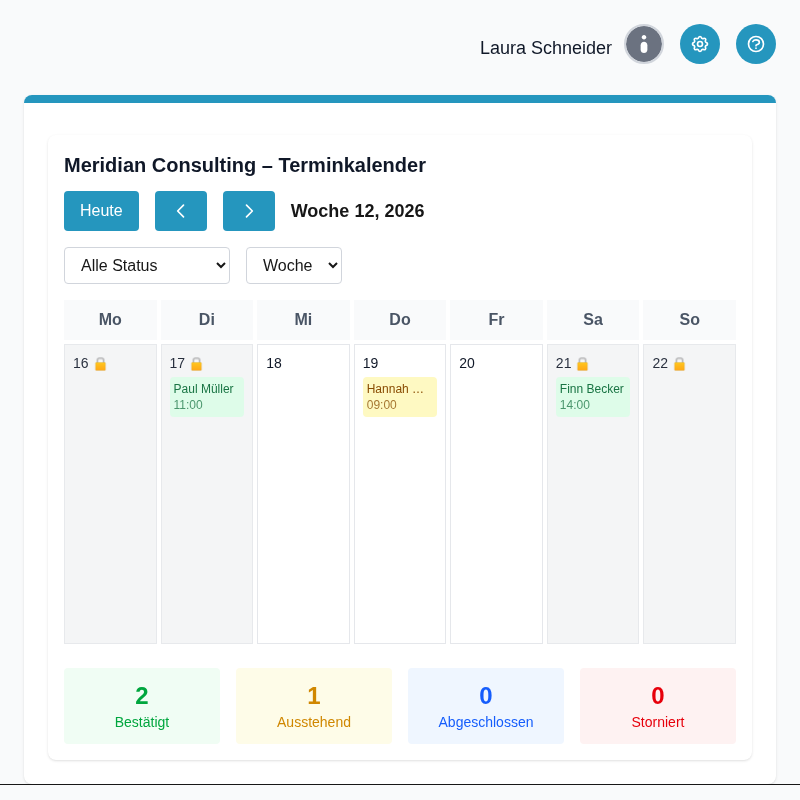 Produktscreenshot: Monats- oder WochenkalenderĂĽbersicht mit allen sichtbaren Terminen