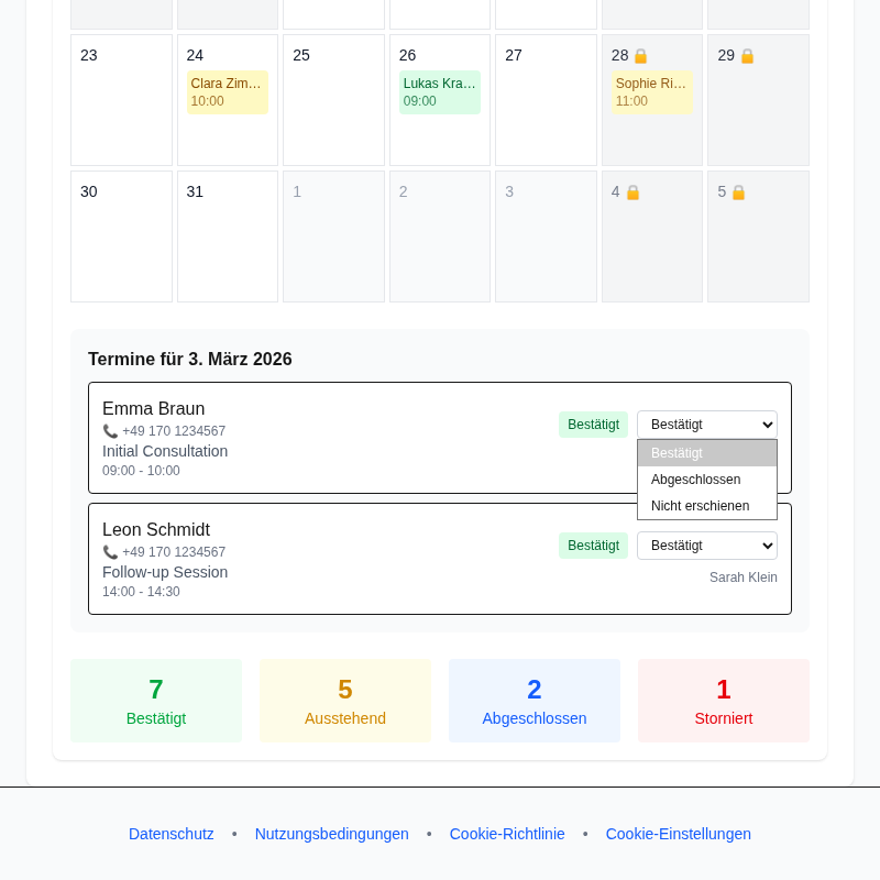 Produktscreenshot: Termin-Detailpopup mit Bestätigen-, Stornieren- und Verschieben-Schaltflächen