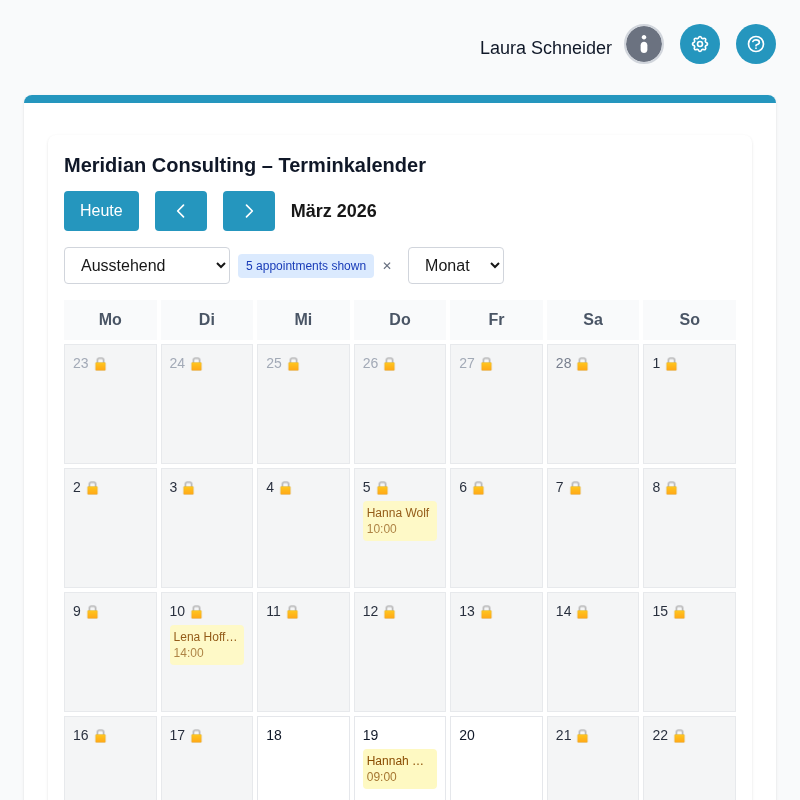 Produktscreenshot: Terminliste mit farbcodierten Statusbadges (bestätigt, ausstehend, storniert)