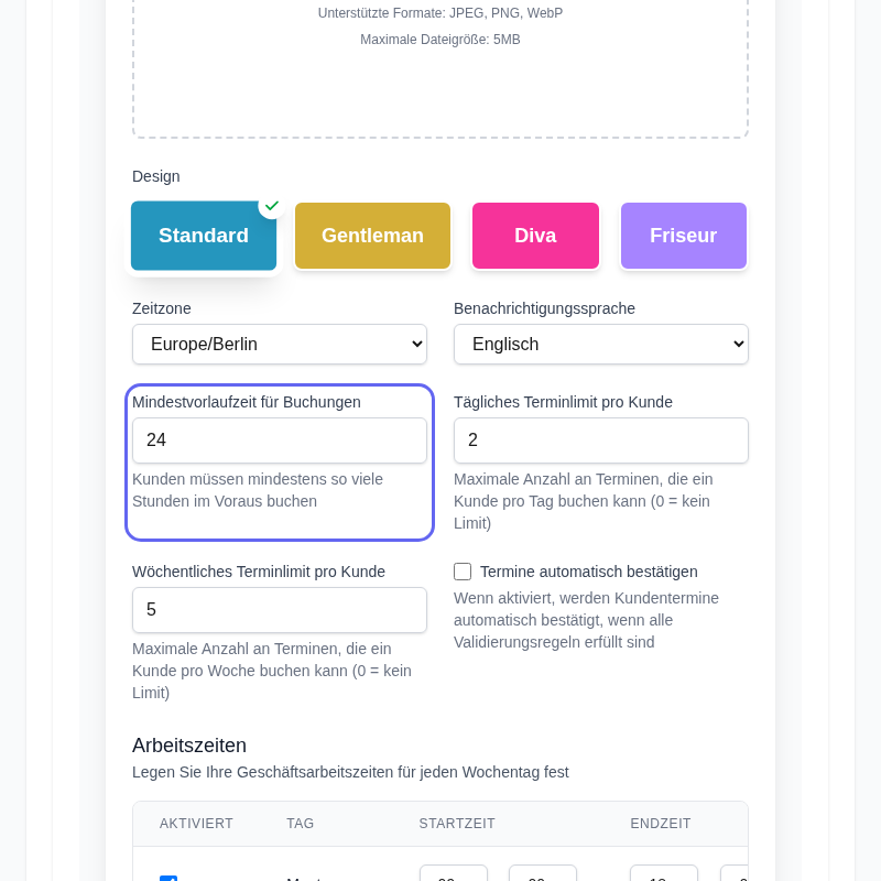 Produktscreenshot: Mindestvorlaufzeit-Einstellung — Stundenfeld konfiguriert
