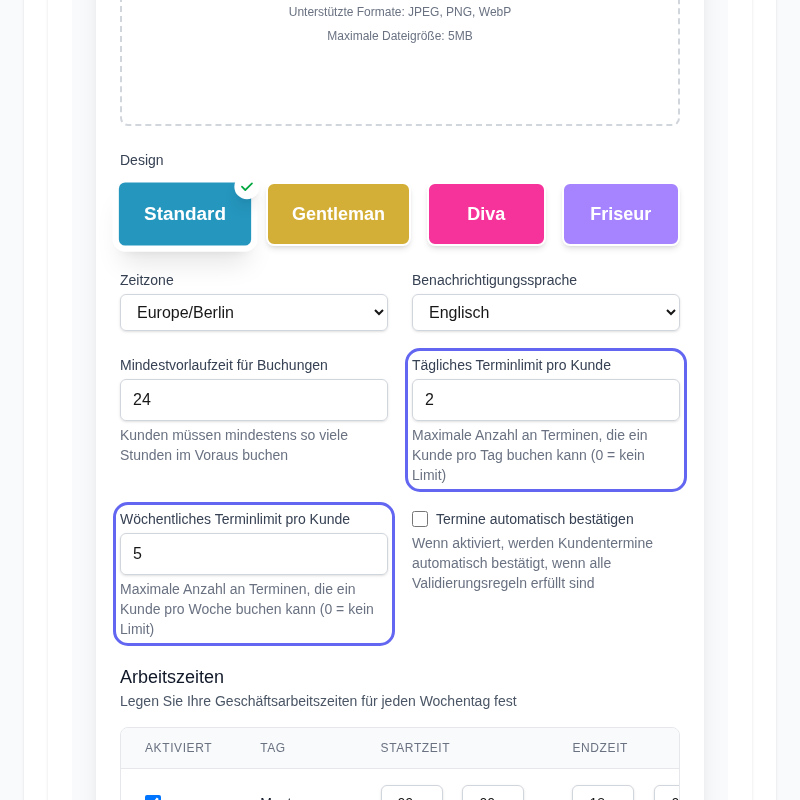Produktscreenshot: Limits-pro-Kunde-Panel — tägliche und wöchentliche Buchungsanzahlfelder
