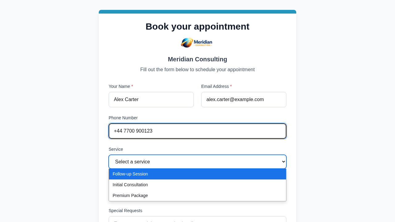 Product screenshot: Branded booking page with custom theme and logo