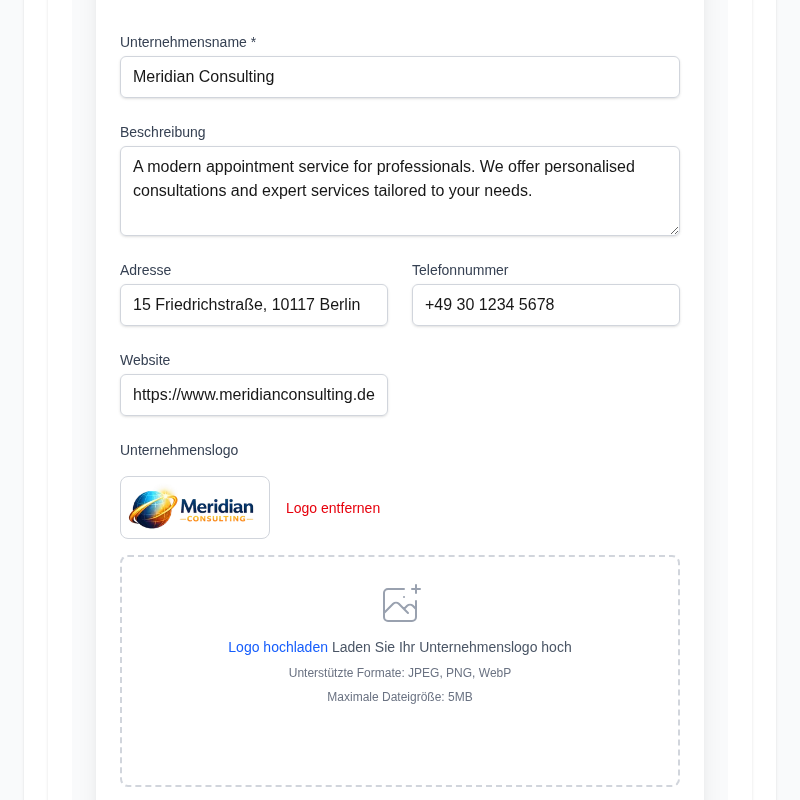 Produktscreenshot: Unternehmensprofilformular — Name, Beschreibung, Adresse und Kontaktfelder ausgefüllt