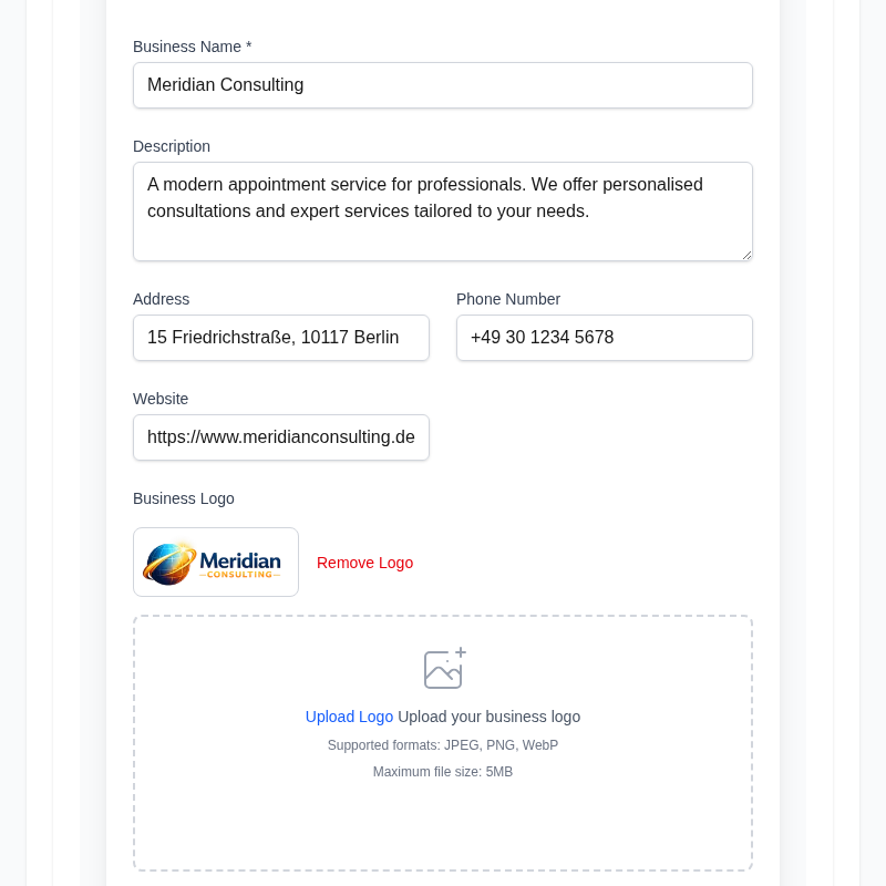 Product screenshot: Business profile form — name, description, address and contact fields filled in