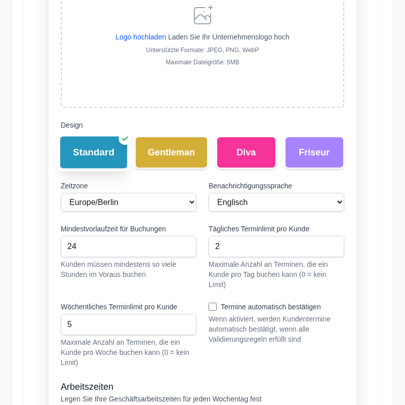 Produktscreenshot: Theme-Auswahl und Logo-Upload-Oberfläche mit Vorschau