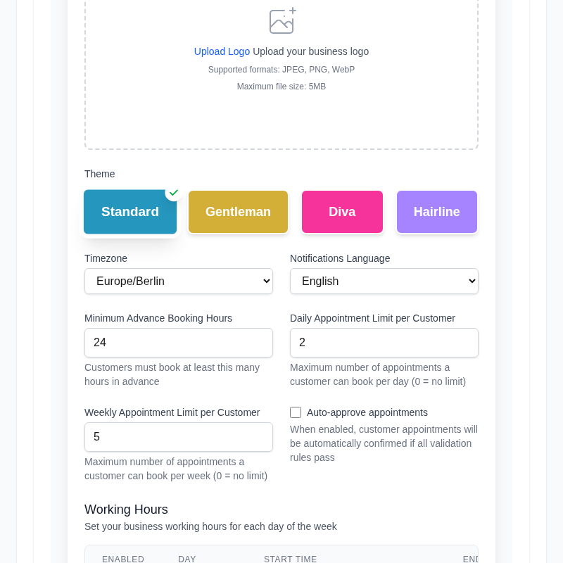 Product screenshot: Theme picker and logo upload interface with preview