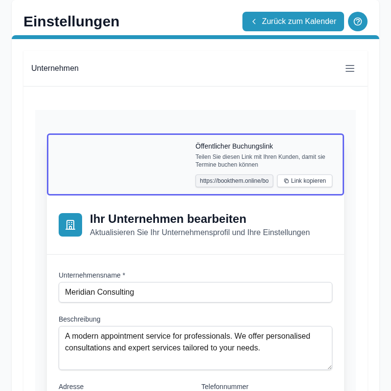 Produktscreenshot: Buchungslink teilen — Kopieren-Schaltfläche und Social-Media-Optionen