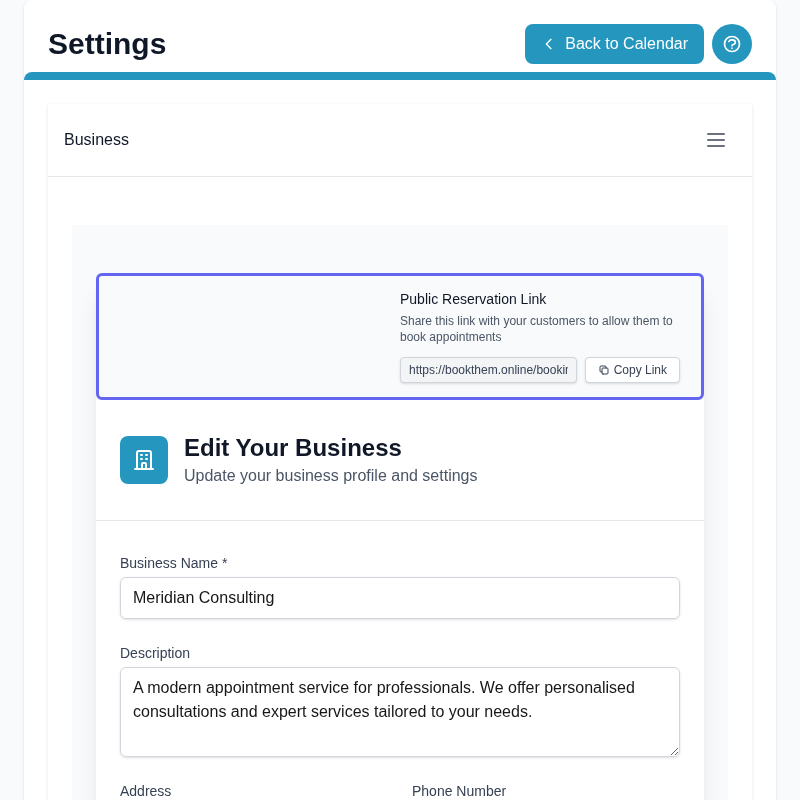 Product screenshot: Sharing the booking link — copy button and social media share options