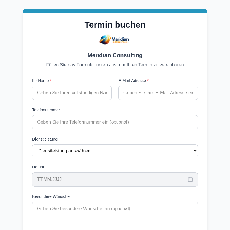 Produktscreenshot: Ausgefülltes Kundenbuchungsformular — Dienstleistung, Datum, Uhrzeit und Kontaktfelder