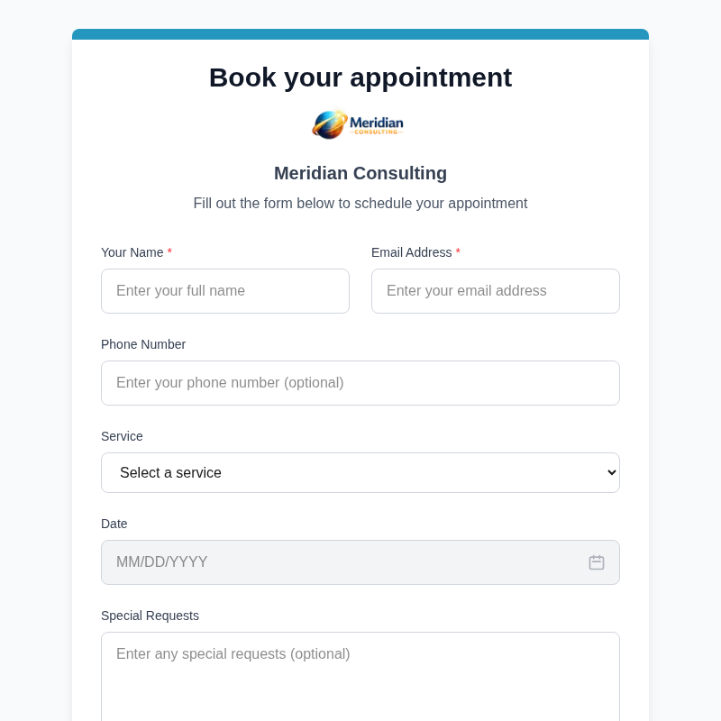 Product screenshot: Completed customer booking form — service, date, time and contact fields