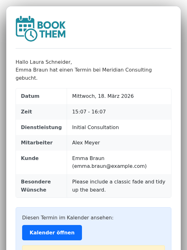 Produktscreenshot: Inhaber-Posteingang mit der Buchungsbenachrichtigungs-E-Mail mit vollständigen Termindetails