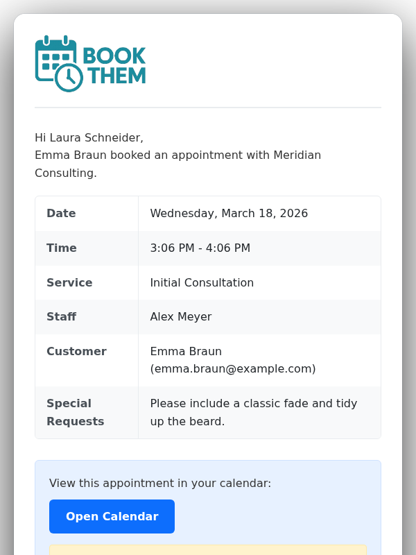 Product screenshot: Owner inbox showing the booking notification email with full appointment details