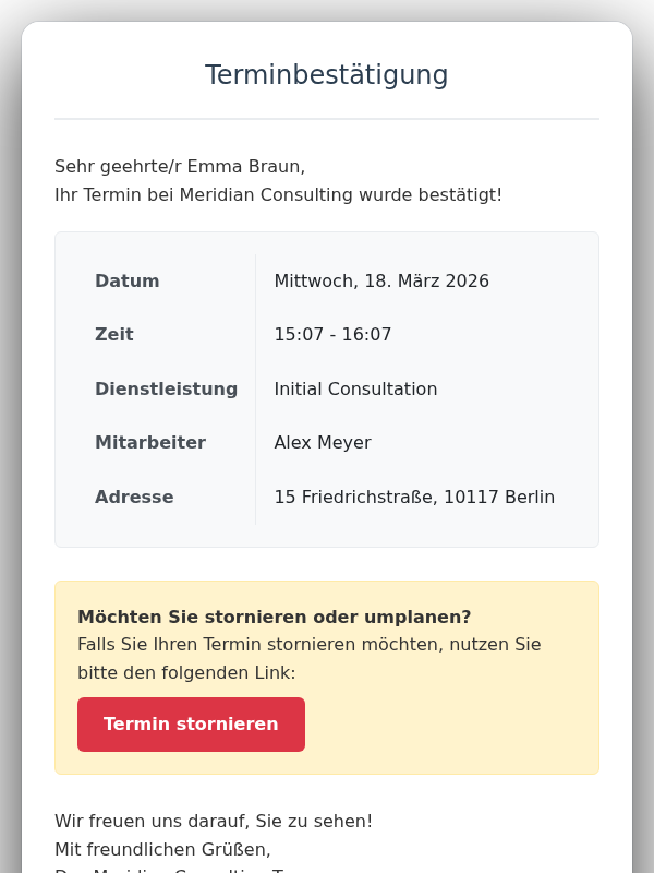 Produktscreenshot: Kunden-Posteingang mit Bestätigungs-E-Mail mit Datum, Uhrzeit und Stornierungslink