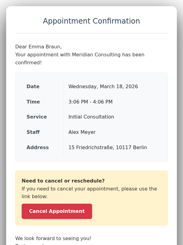 Product screenshot: Customer inbox showing the confirmation email with date, time and cancellation link
