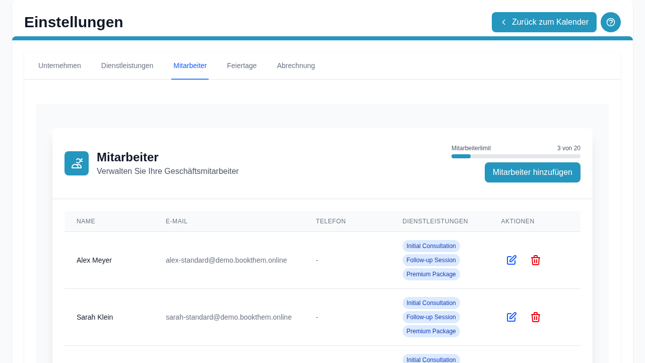 Produktscreenshot: Mitarbeiterzeitplan-Konfiguration mit Dienstleistungszuweisungen