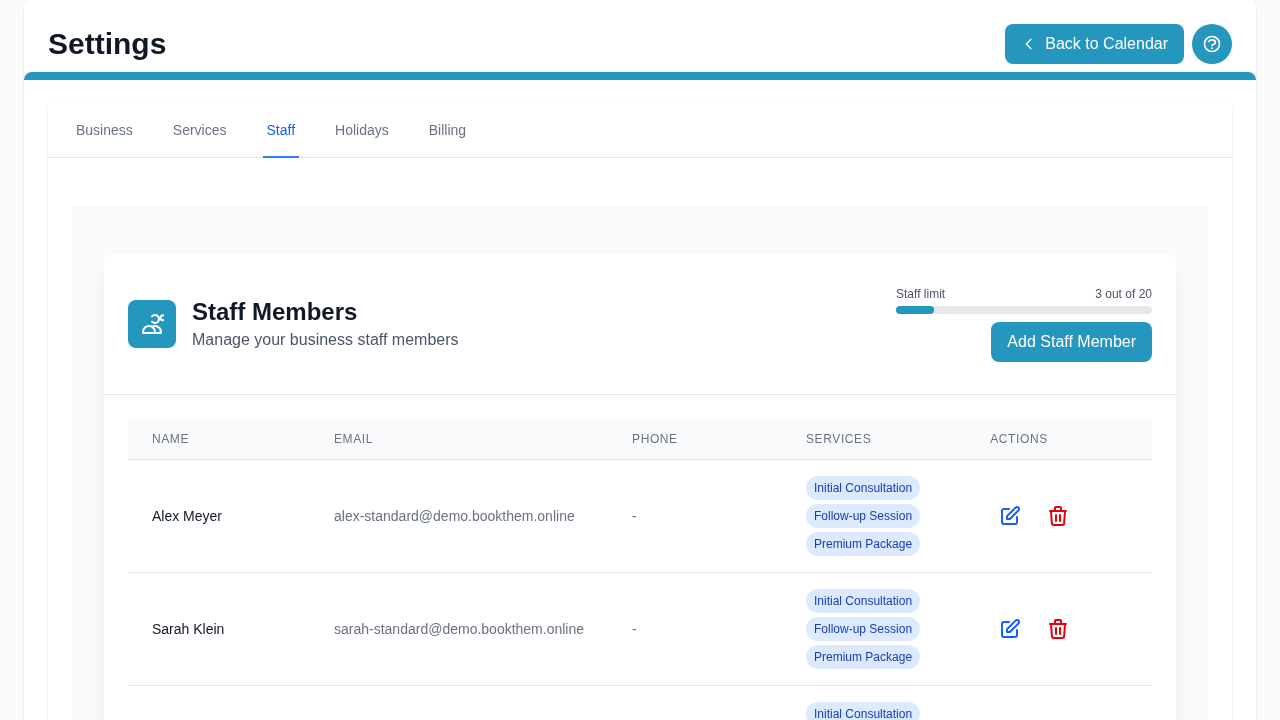 Product screenshot: Staff management panel with individual profiles