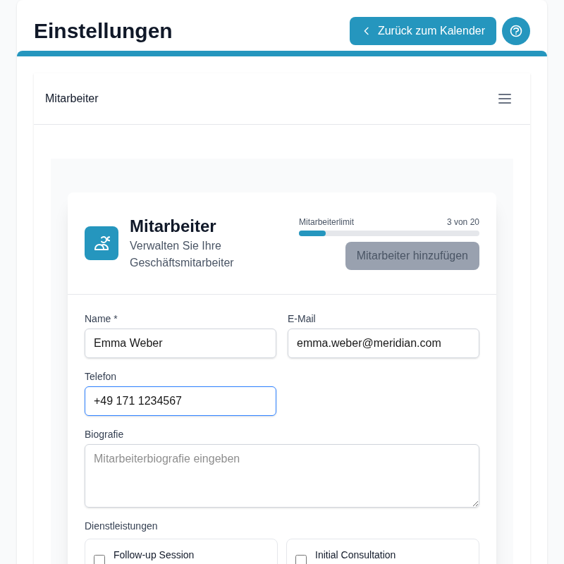 Produktscreenshot: Mitarbeiter-Hinzufügen-Formular — Name, Kontakt und Rollenfelder