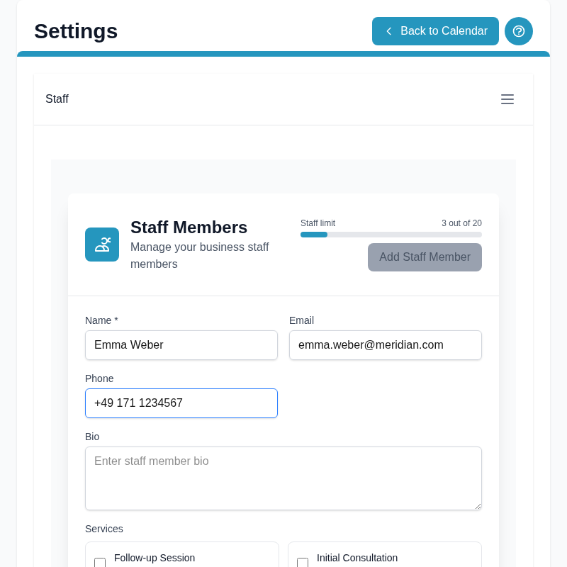 Product screenshot: Add staff member form ā name, contact and role fields