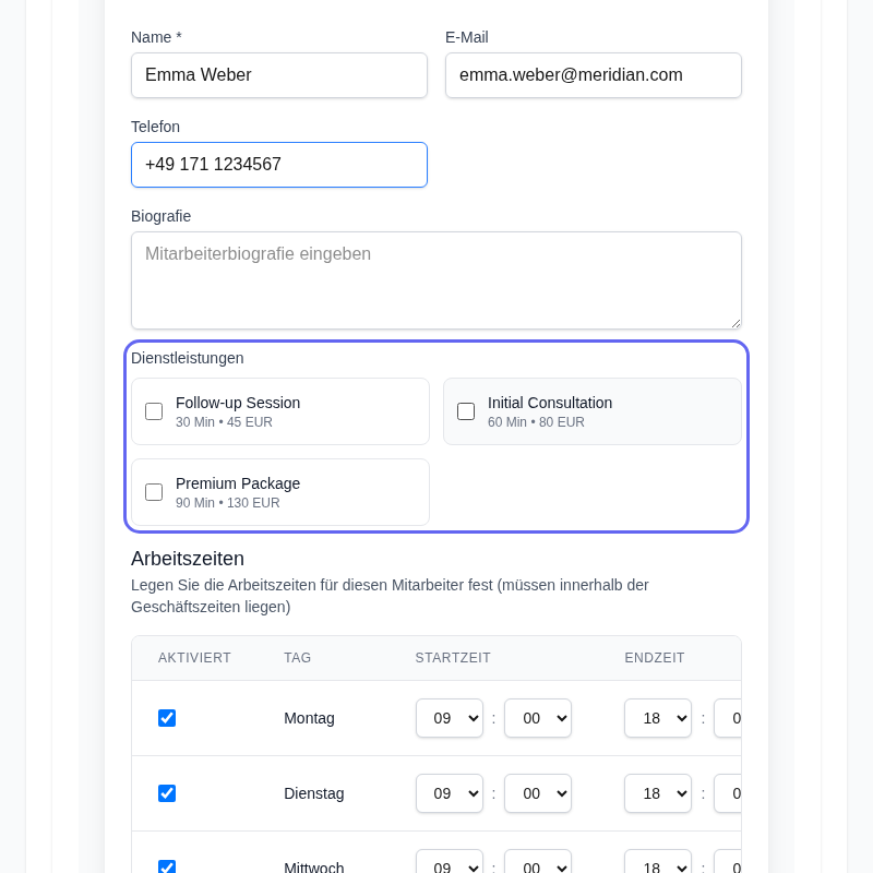 Produktscreenshot: Mitarbeitereinstellungen — Dienstleistungs-Checkboxen und Arbeitszeiten pro Tag