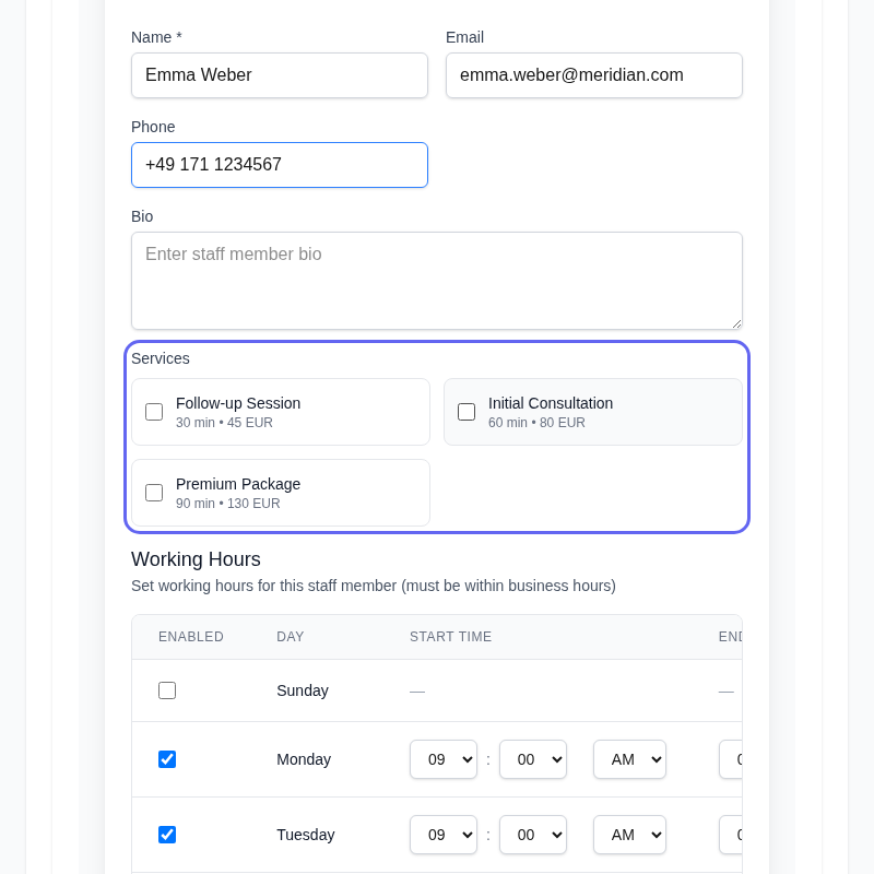 Product screenshot: Staff member settings ā service checkboxes and working hours per day