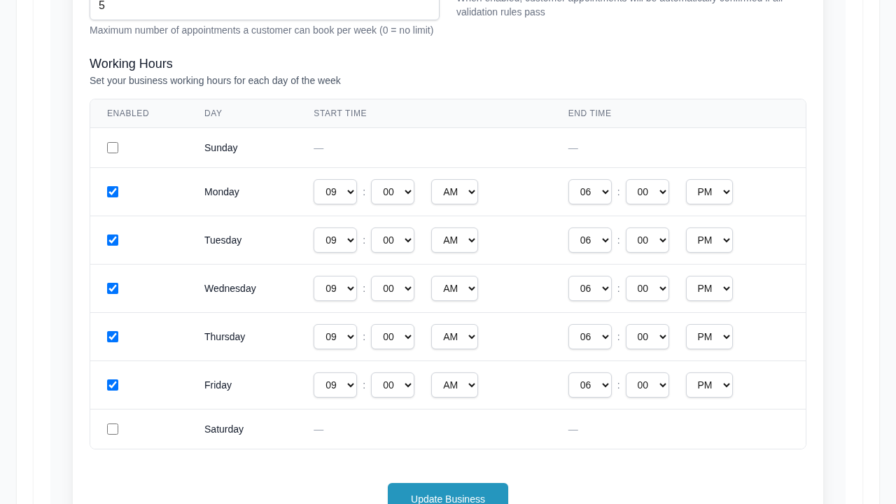 Product screenshot: Working hours configuration panel