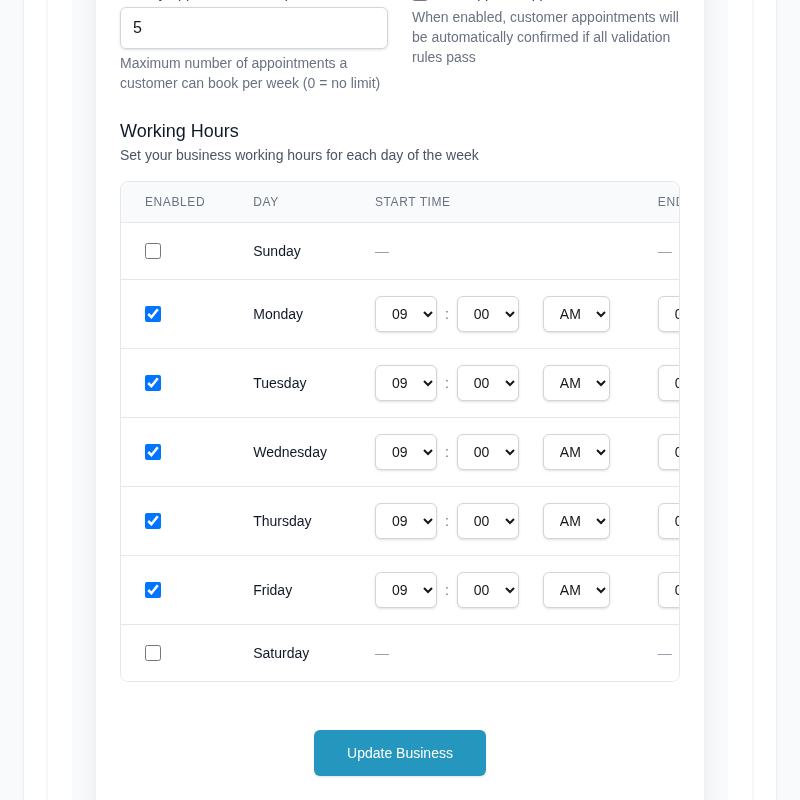 Product screenshot: Working hours grid β opening and closing times set per day of the week