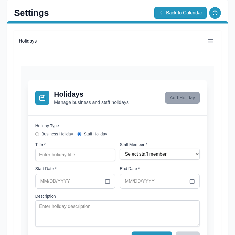 Product screenshot: Break time editor β lunch break slot added to a working day