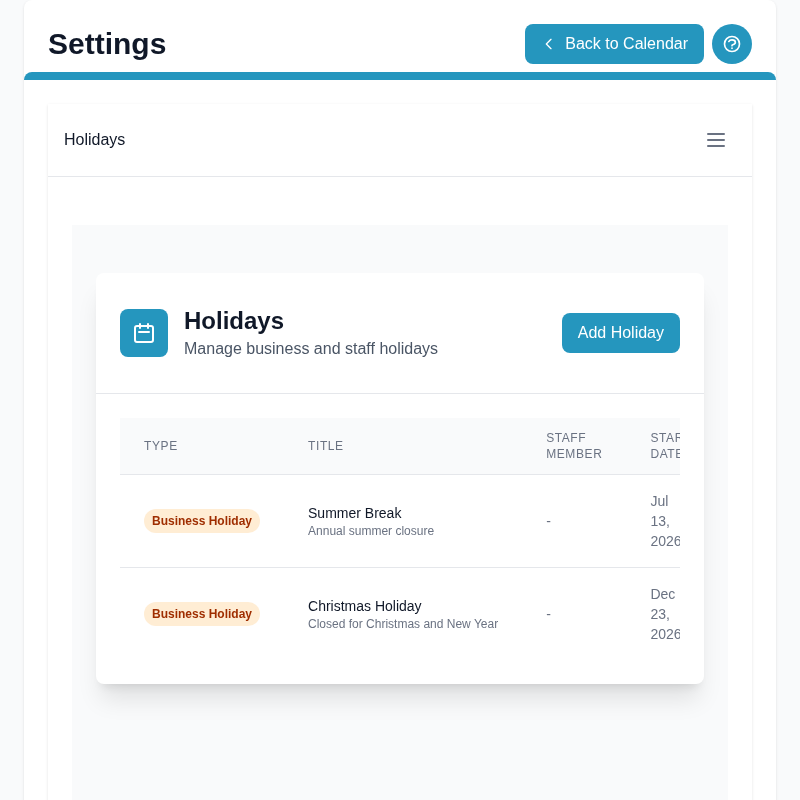 Product screenshot: Holiday calendar β upcoming closure dates added for the business